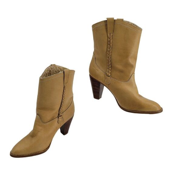 Vintage 70's Leather Western Boots 7.5 Tan Stacked Wood Heel Braided Sherpa Boho - Picture 1 of 13
